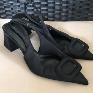 Zara Womens Black Pointed  Slingback Block Heel Dress Shoes 37 US 6.5 Whimsygoth